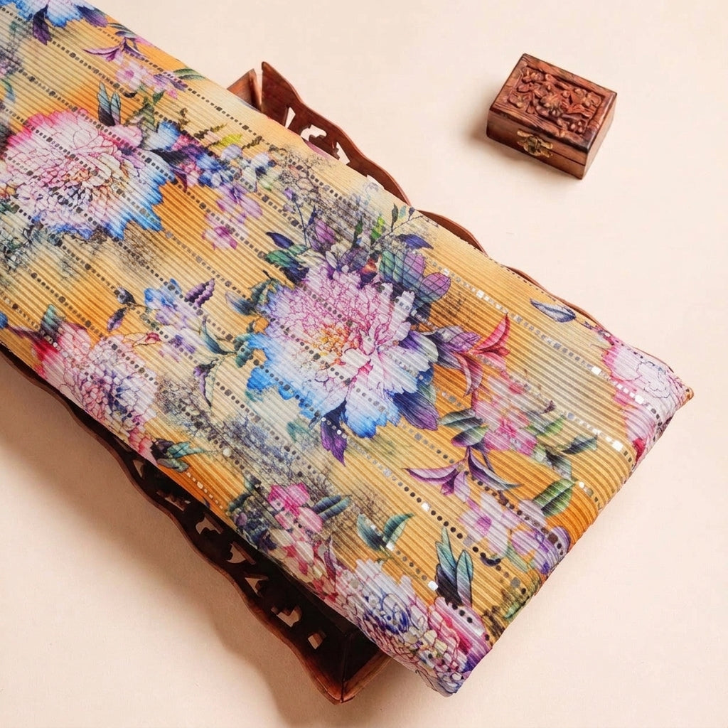 Yellow Floral Lycra Fabric, folded