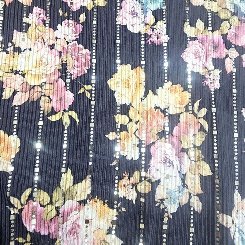 Navy Blue Floral Lycra Fabric, laid flat