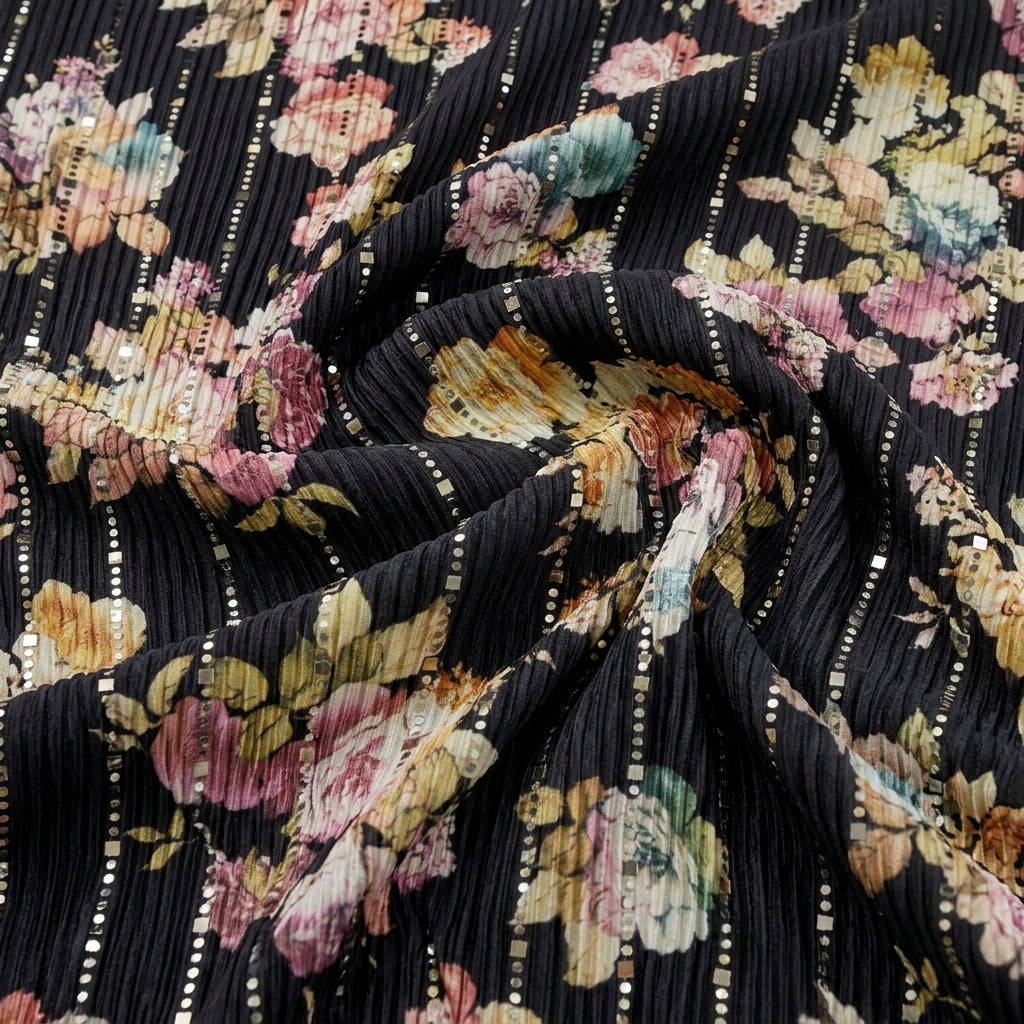 Swirled Navy Blue Floral Lycra Fabric Showing Stretch Mirror Work Crushed and Drape