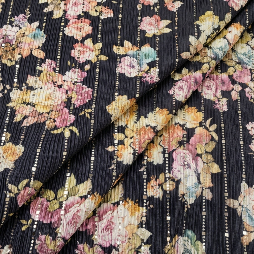 Folded Navy Blue Floral Lycra Fabric
