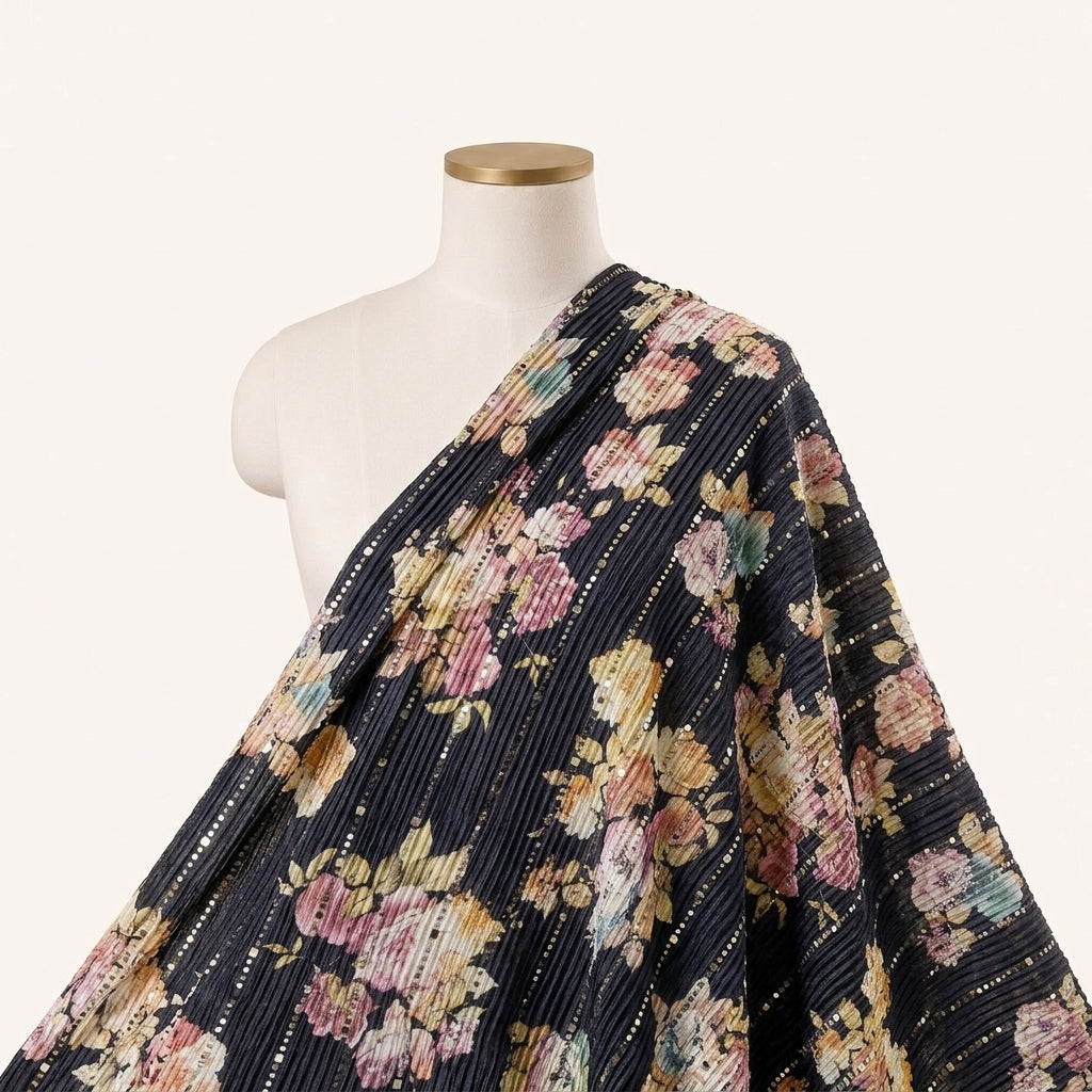 Navy Blue Floral Lycra Fabric Draped as a saree