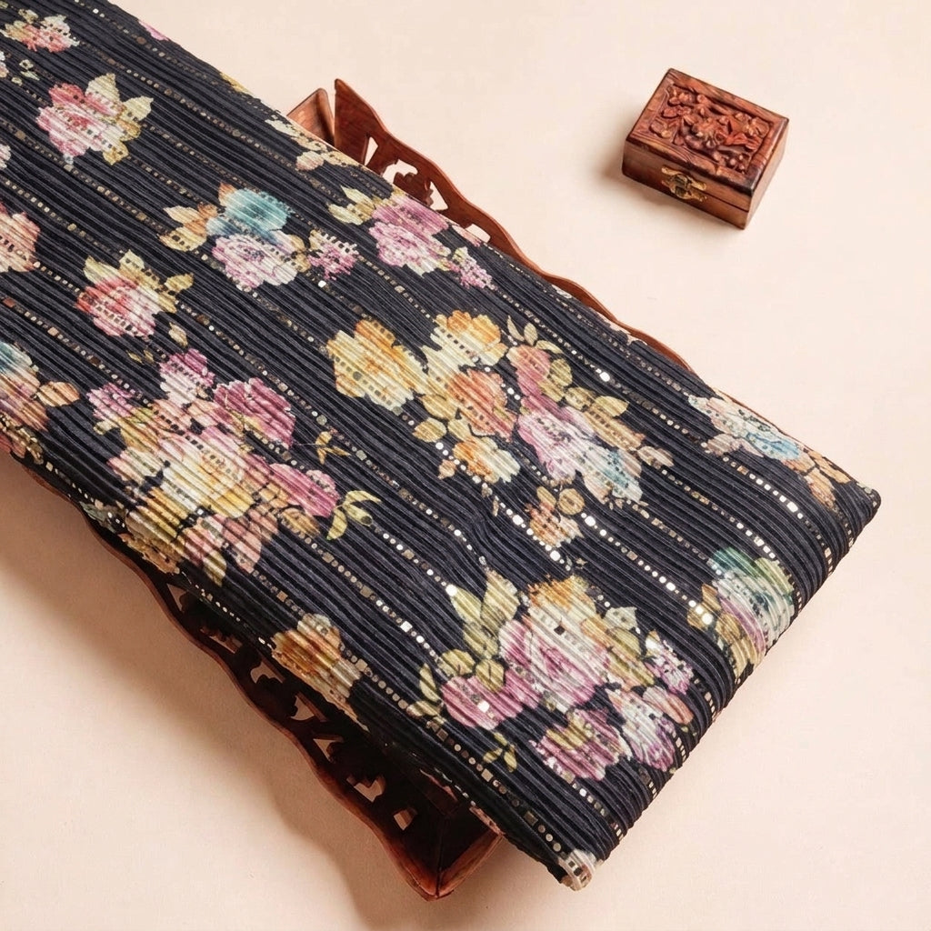 Navy Blue Floral Lycra Fabric, folded