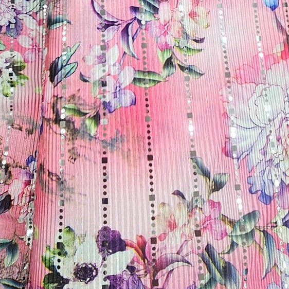 Pink Floral Lycra Fabric, laid flat