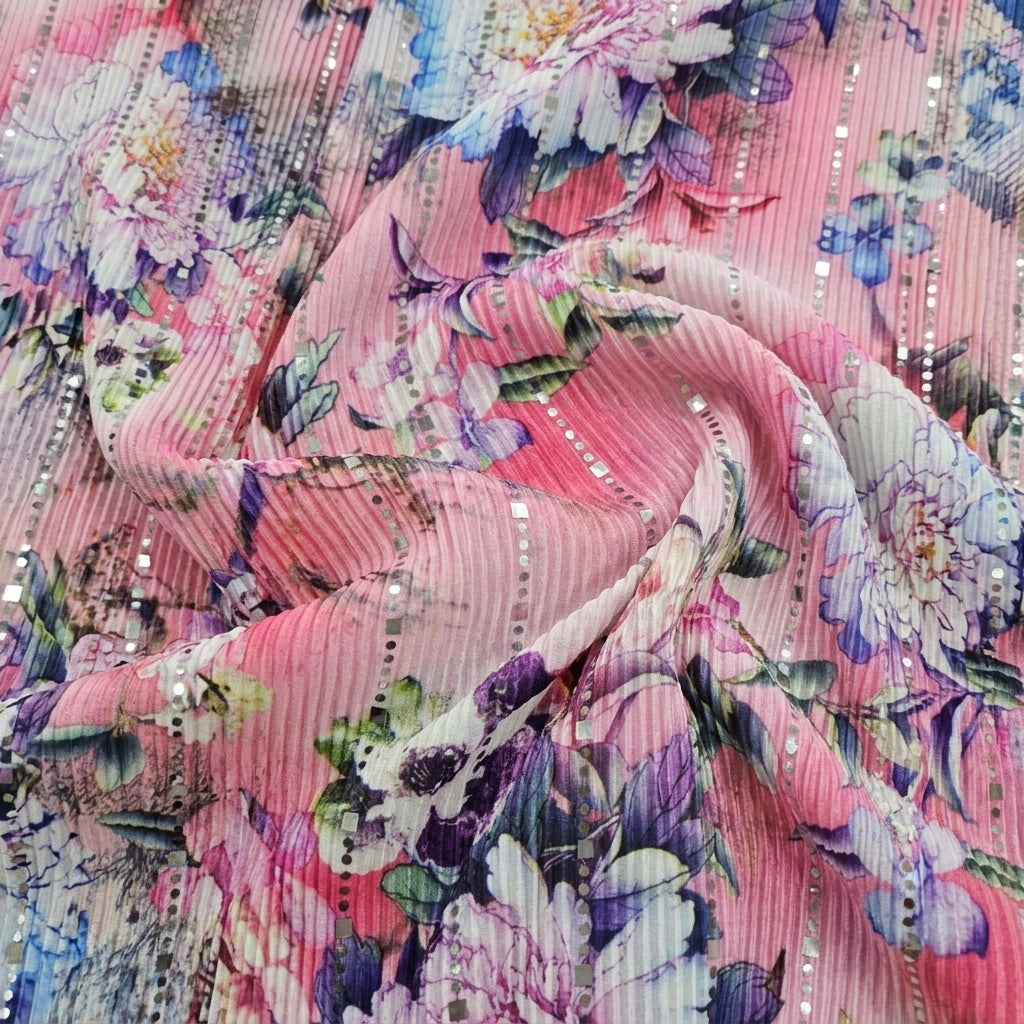 Swirled Pink Floral Lycra Fabric Showing Stretch Mirror Work Crushed and Drape