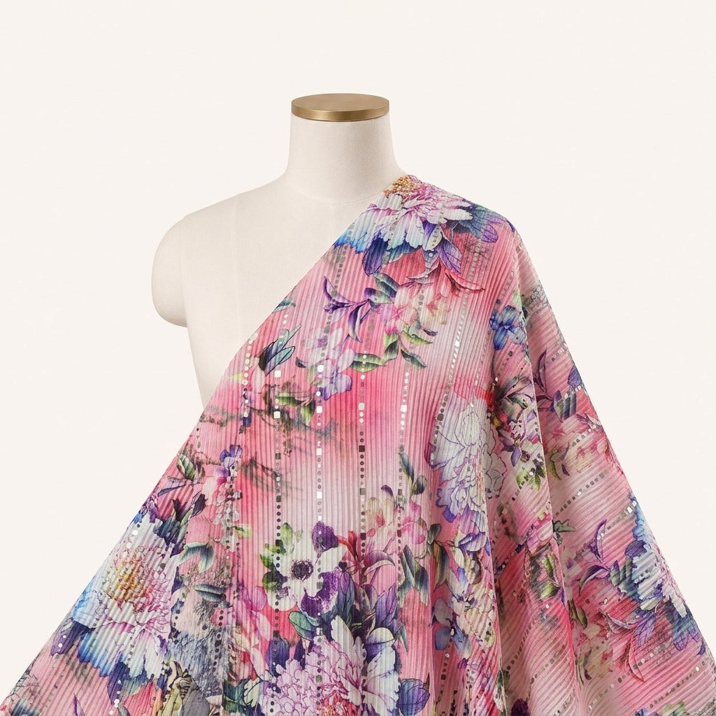 Pink Floral Lycra Fabric Draped as a saree
