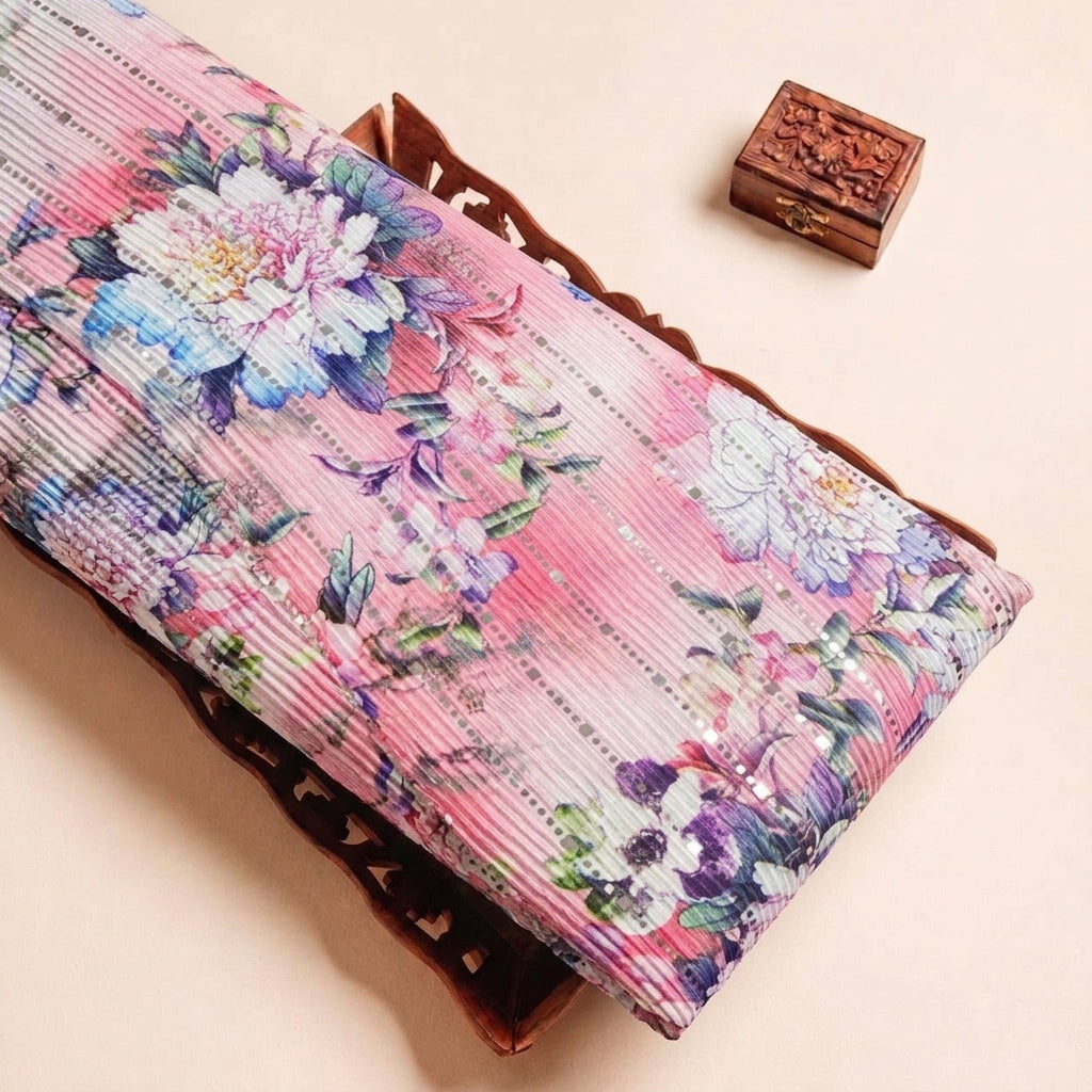 Pink Floral Lycra Fabric, folded