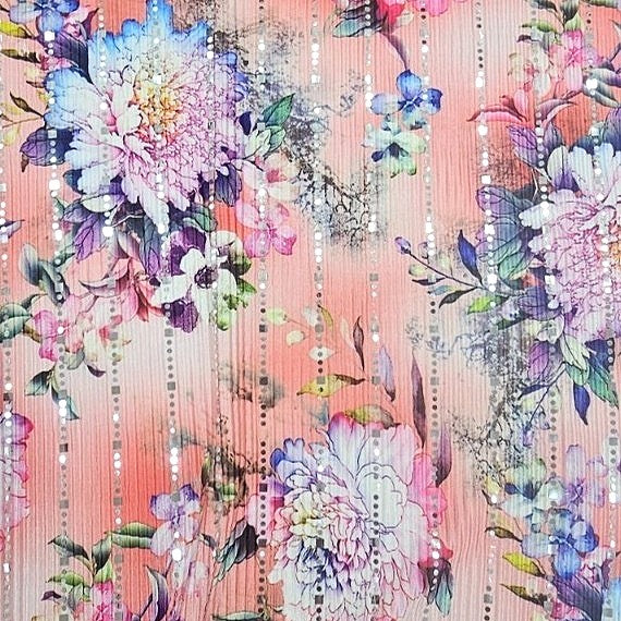 Peach Floral Lycra Fabric, laid flat