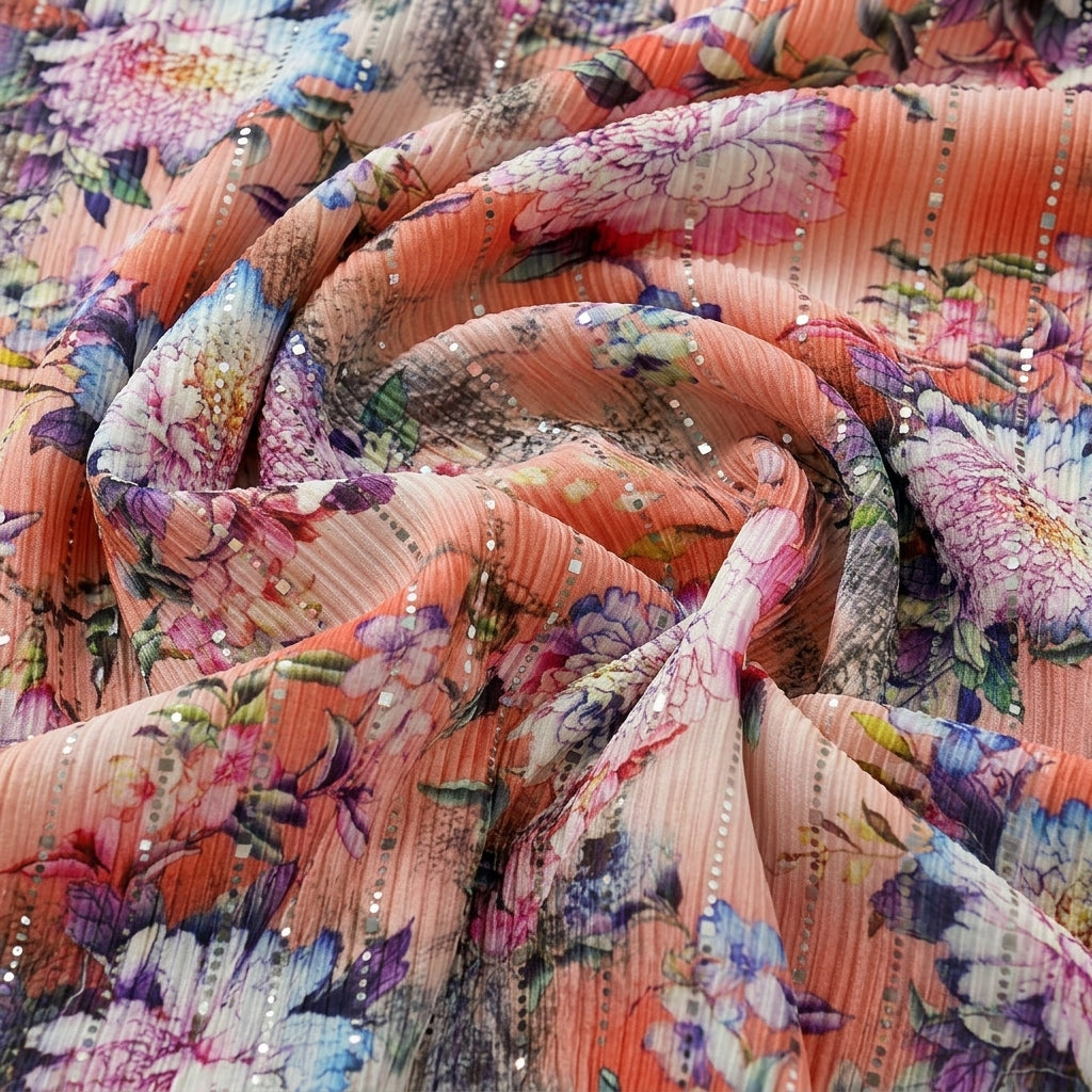 Swirled Peach Floral Lycra Fabric Showing Stretch Mirror Work Crushed and Drape