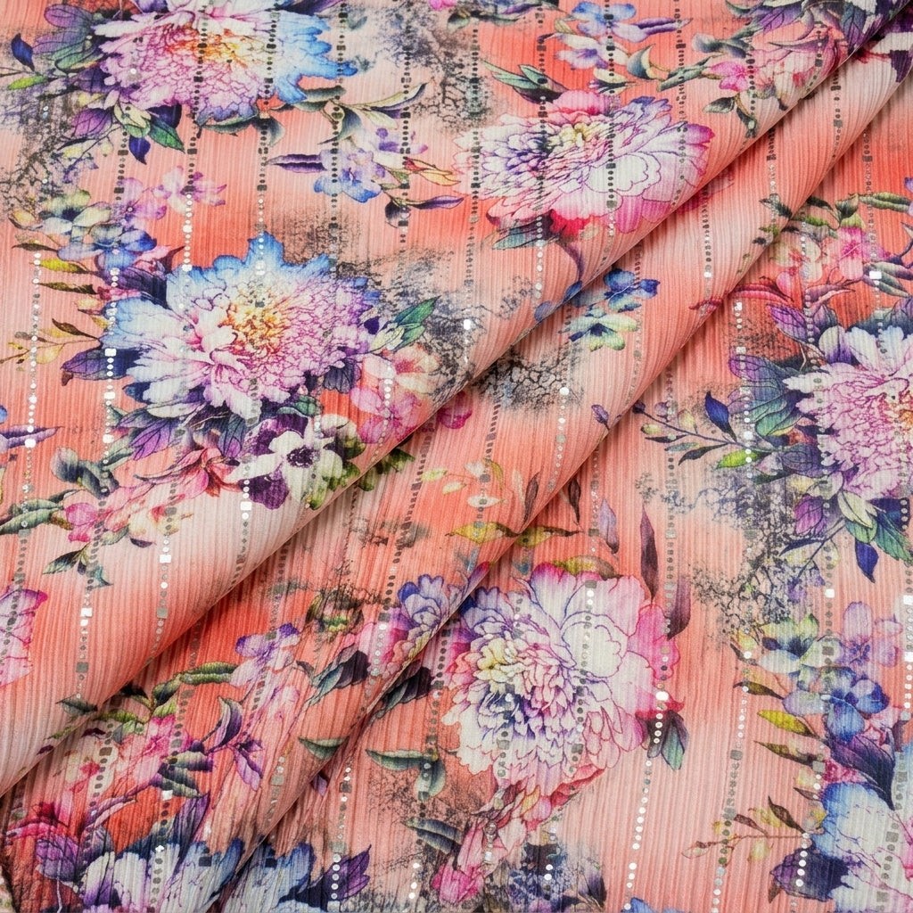 Folded Peach Floral Lycra Fabric
