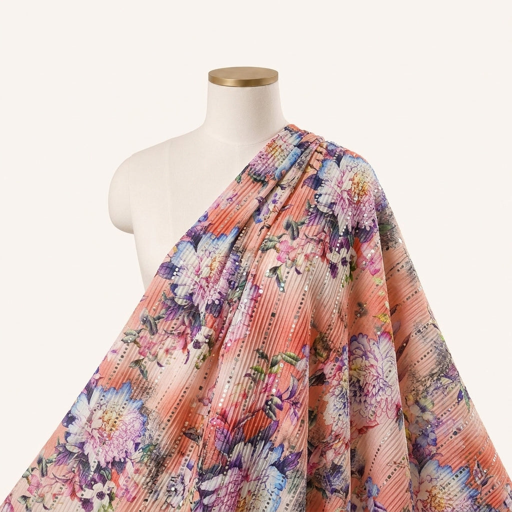 Peach Floral Lycra Fabric Draped as a saree