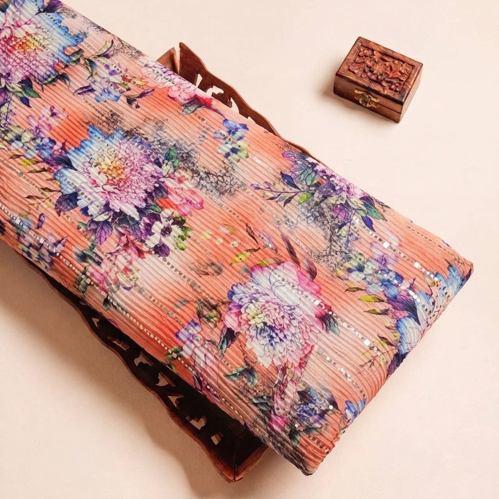 Peach Floral Lycra Fabric, folded