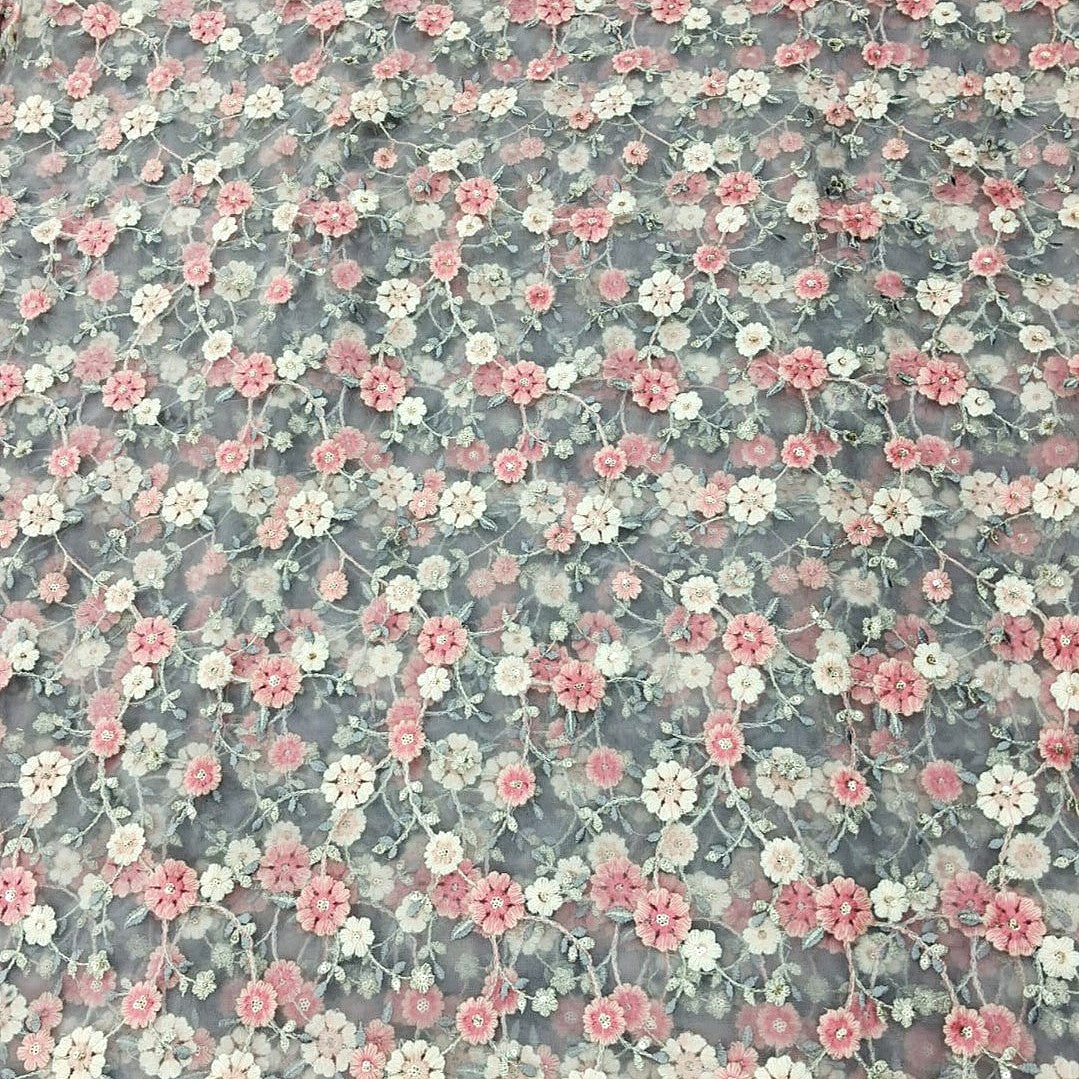 Grey Embroidery Net Fabric, laid flat