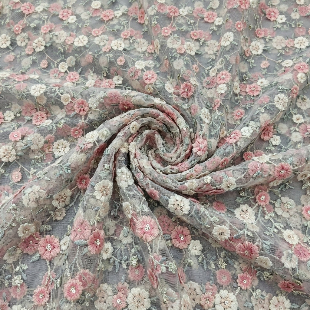 Grey Embroidery Net Fabric, swirled to show the drape
