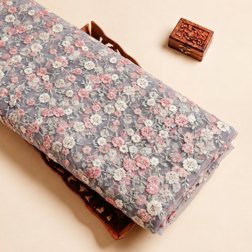 Grey Embroidery Net Fabric, folded