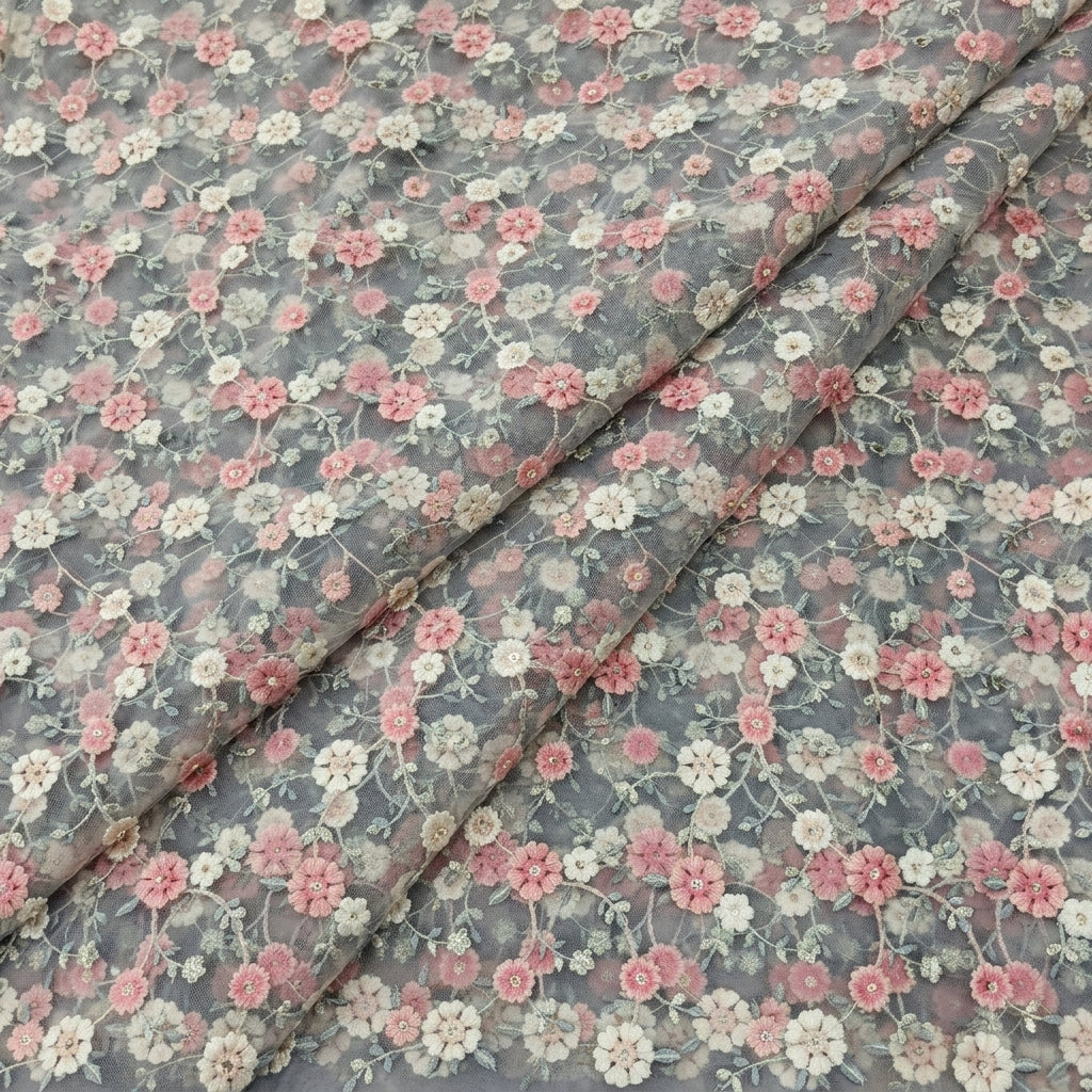 Folded Grey Embroidery Net Fabric