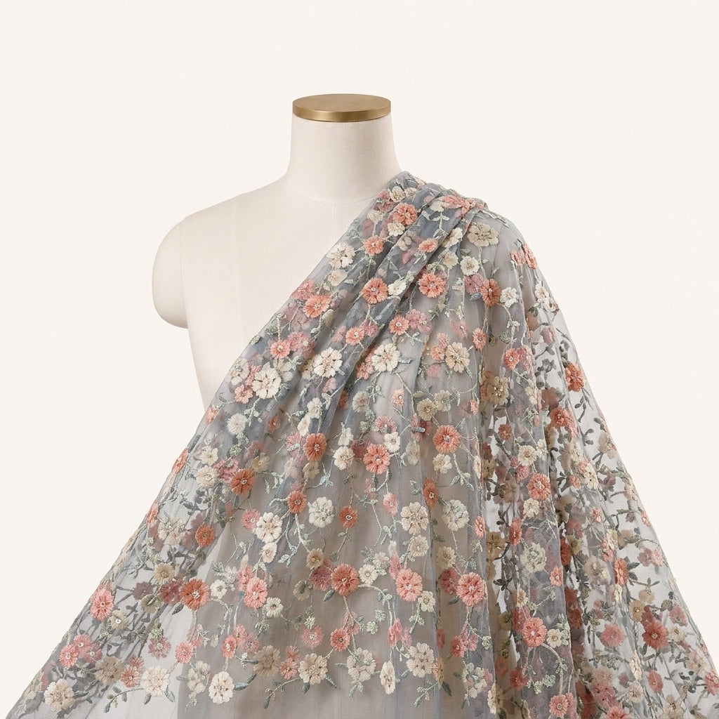 Grey Embroidery Net Fabric Draped as a saree