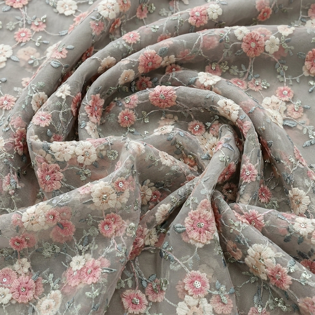 Peach Embroidery Net Fabric, swirled to show the drape