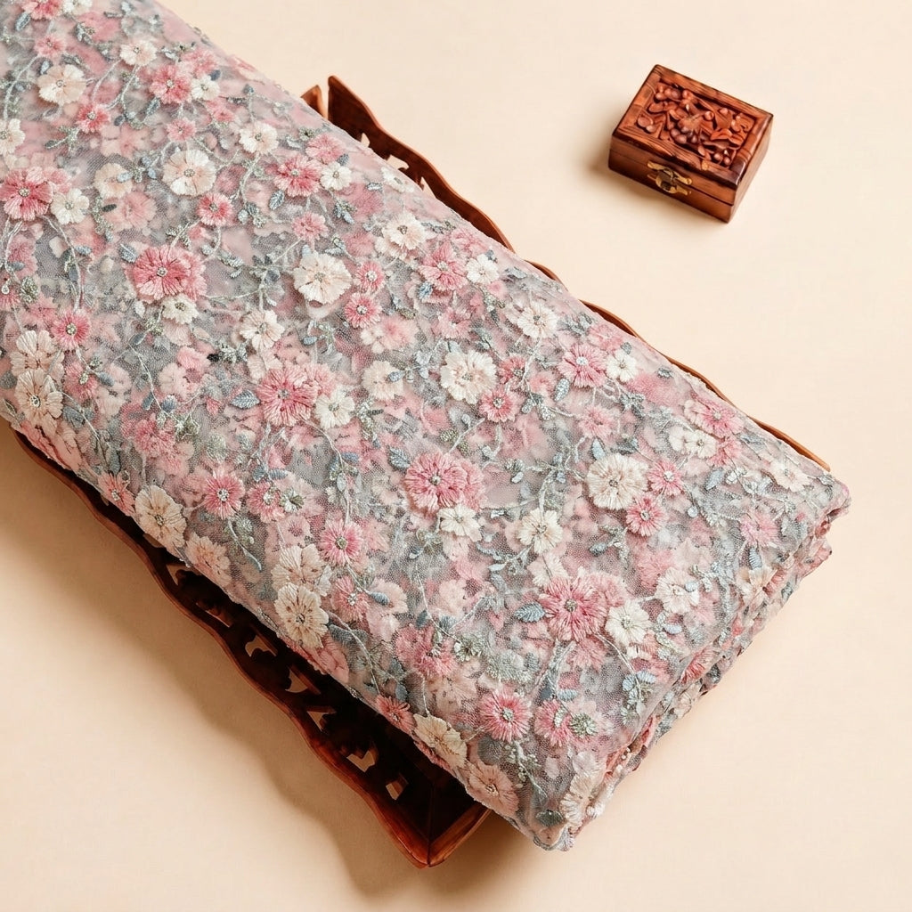 Peach Embroidery Net Fabric with Floral Sequin