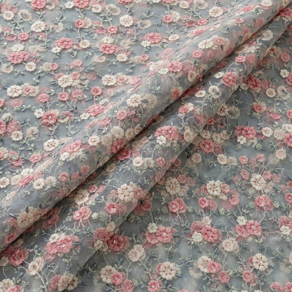Folded Peach Embroidery Net Fabric