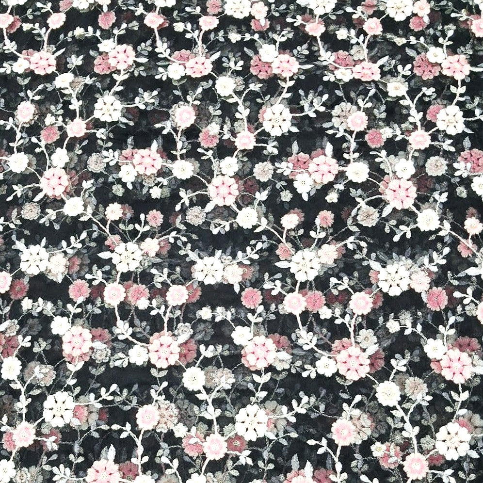 Black Embroidery Net Fabric, laid flat