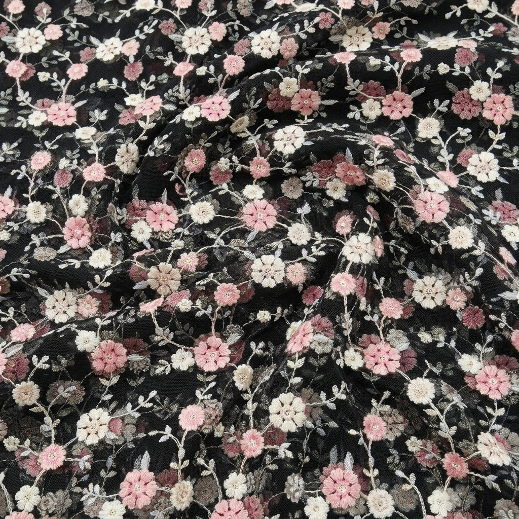 Swirled Black Embroidery Net Fabric Showing Floral Sequin and Drape