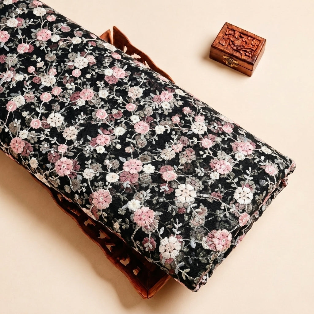 Black Embroidery Net Fabric, folded