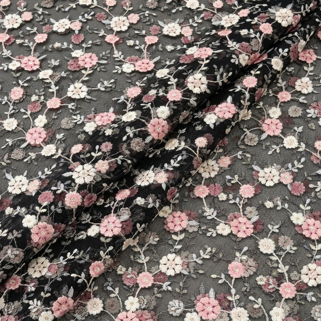 Folded Black Embroidery Net Fabric