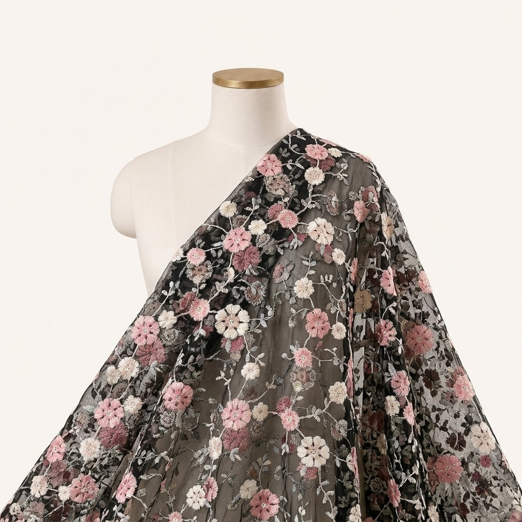 Black Embroidery Net Fabric Draped as a saree