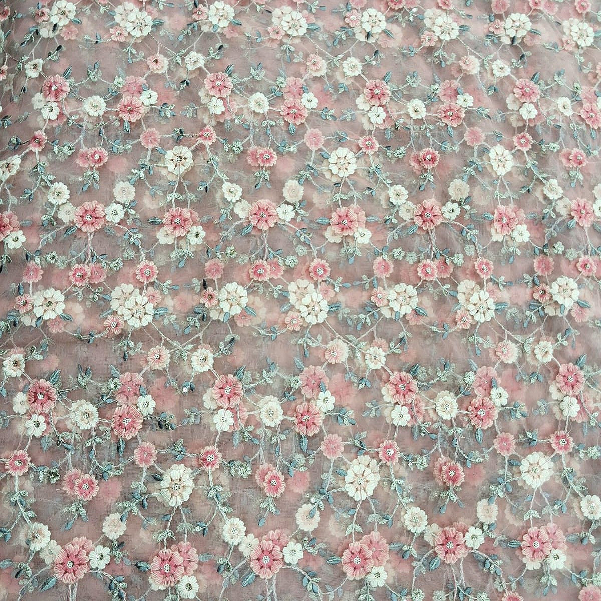 Pink Embroidery Net Fabric, laid flat