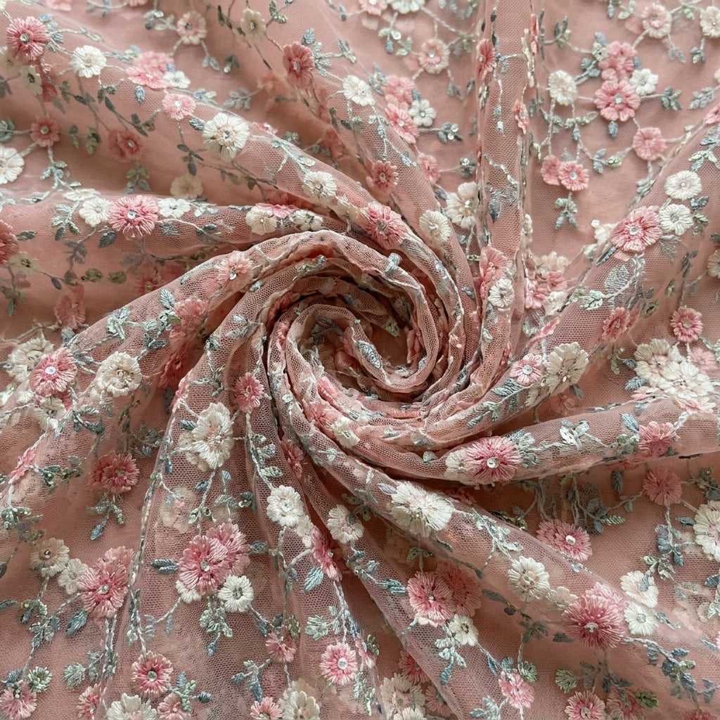 Swirled Pink Embroidery Net Fabric Showing Floral Sequin and Drape