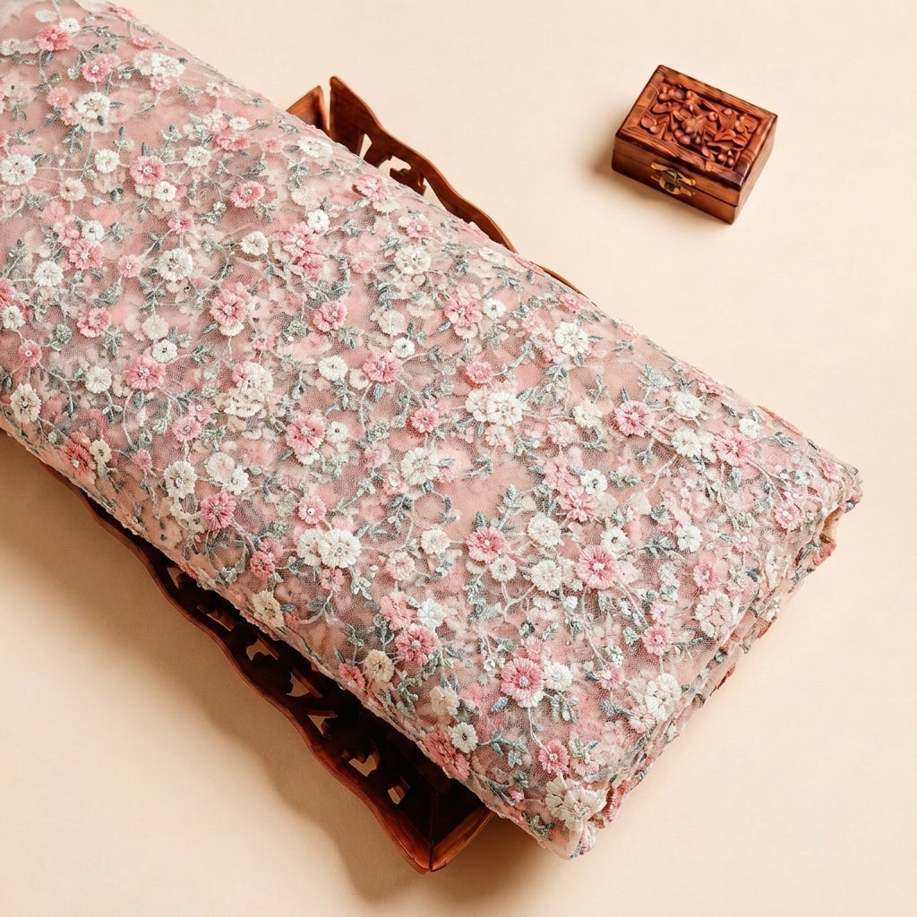 Pink Embroidery Net Fabric with Floral Sequin