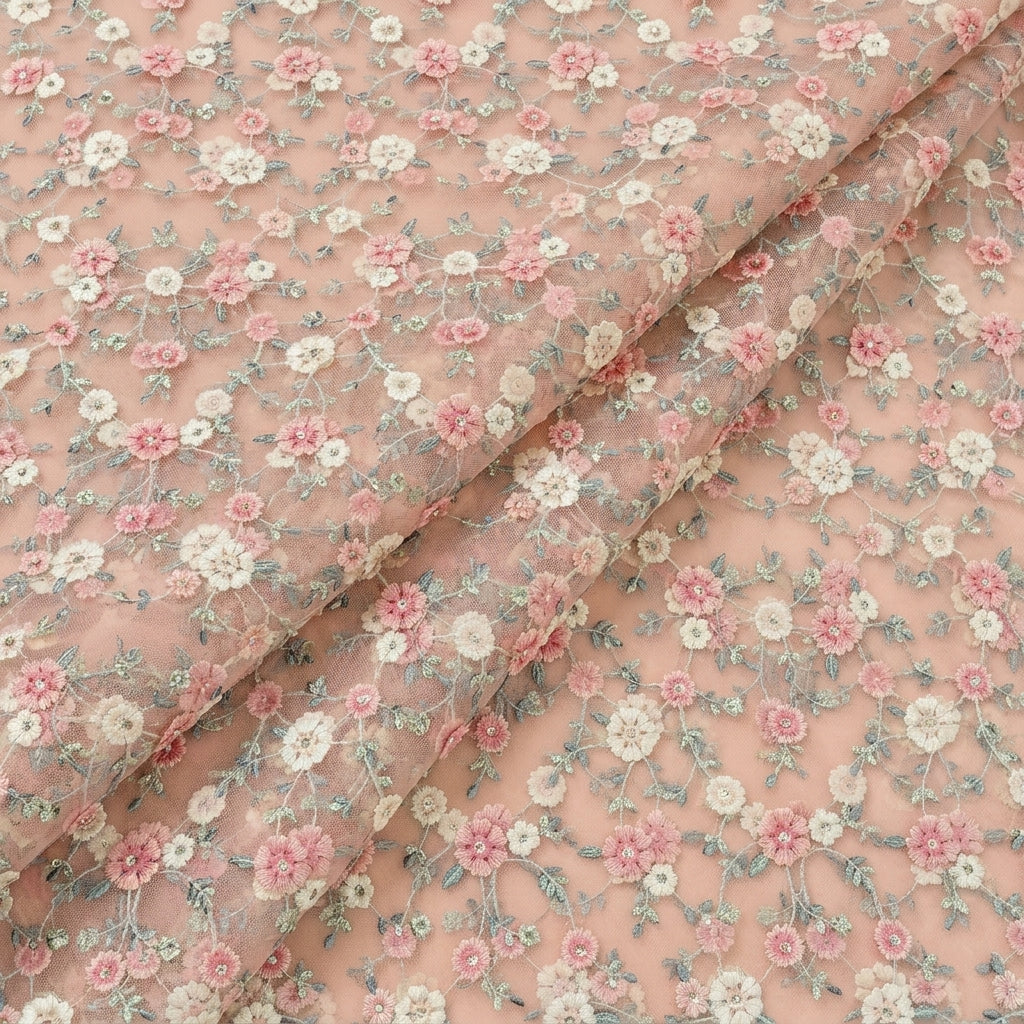 Folded Pink Embroidery Net Fabric