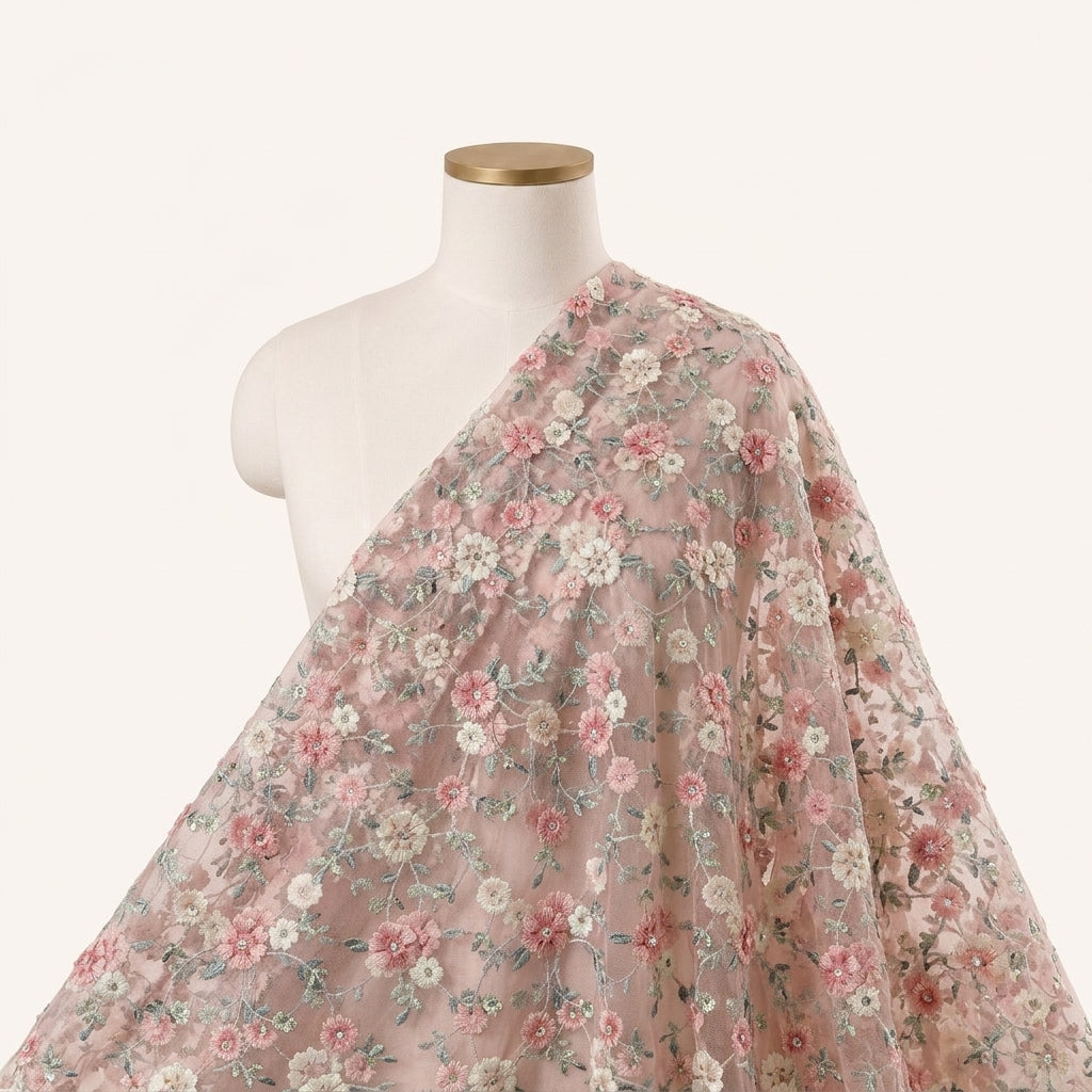 Pink Embroidery Net Fabric Draped as a saree