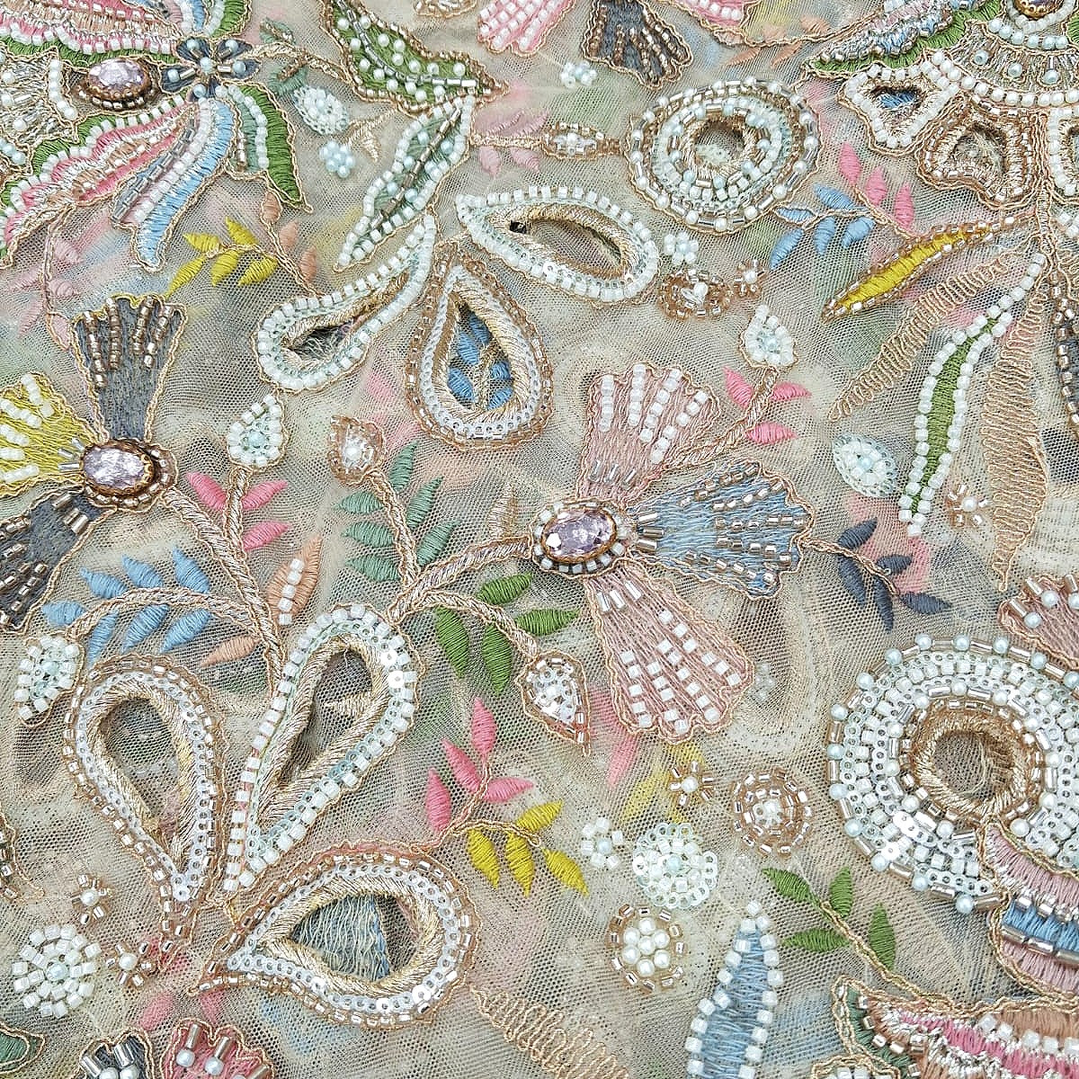 Beige Embroidery Net Fabric, laid flat