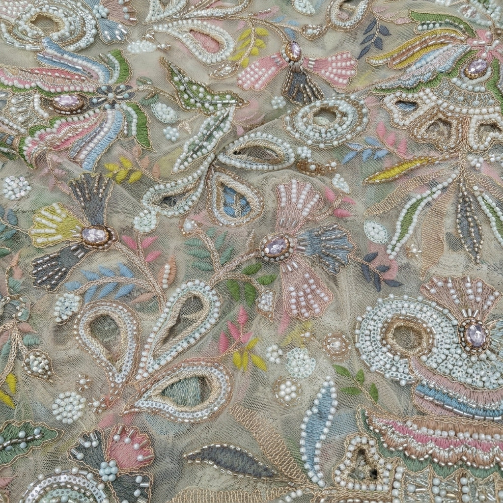 Swirled Beige Embroidery Net Fabric Showing Floral Sequin Stone and Drape