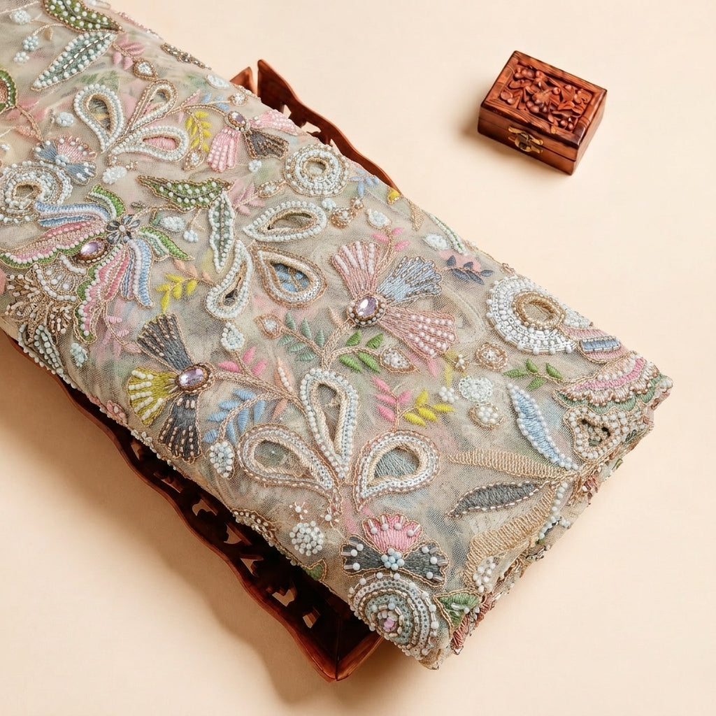 Beige Embroidery Net Fabric, folded