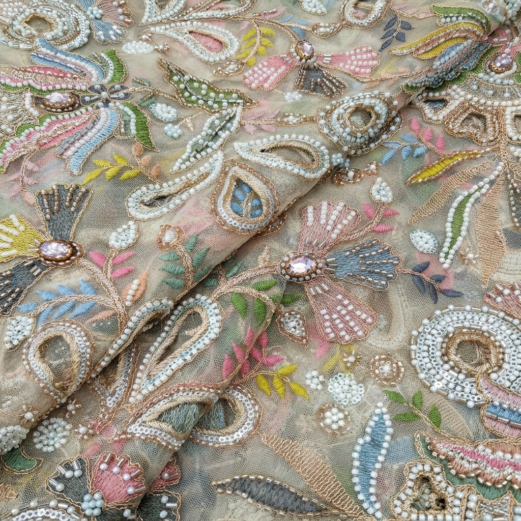 Folded Beige Embroidery Net Fabric