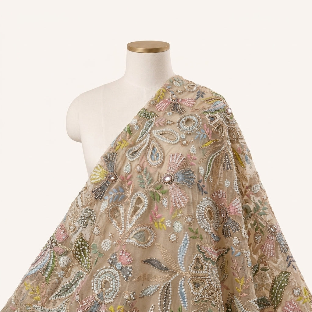 Beige Embroidery Net Fabric, draped as a saree