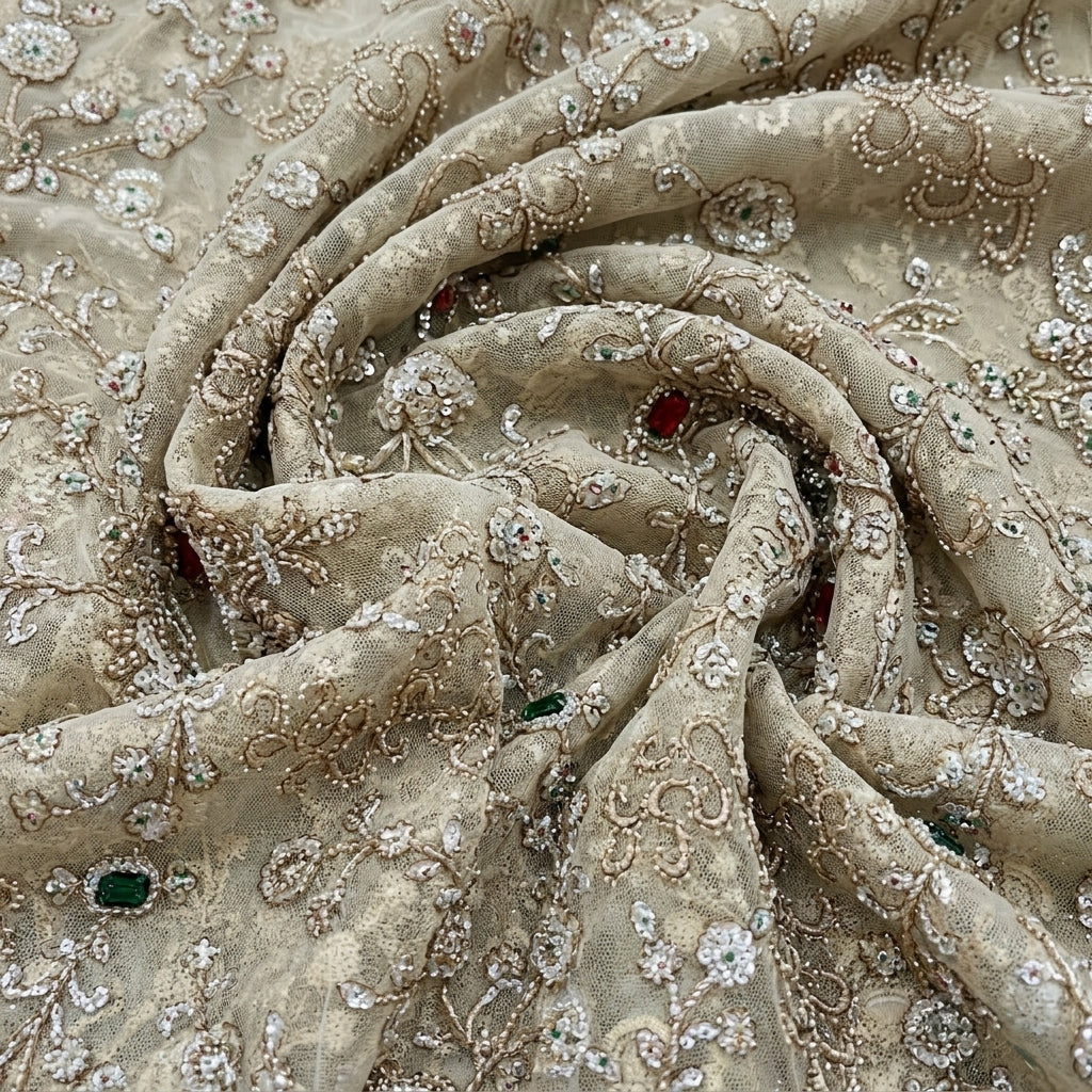 Swirled Cream Embroidery Net Fabric Showing Floral Sequin Stone and Drape