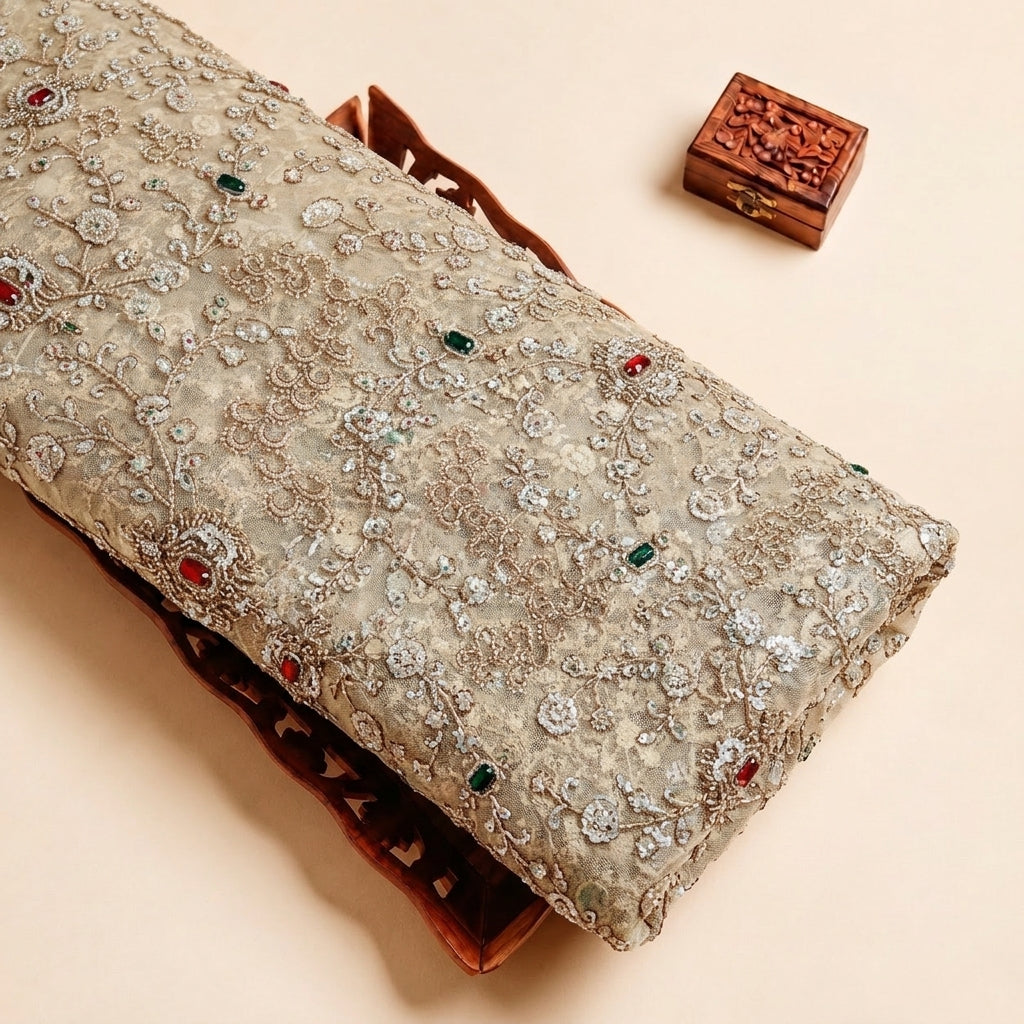 Cream Embroidery Net Fabric with Floral Sequin Stone
