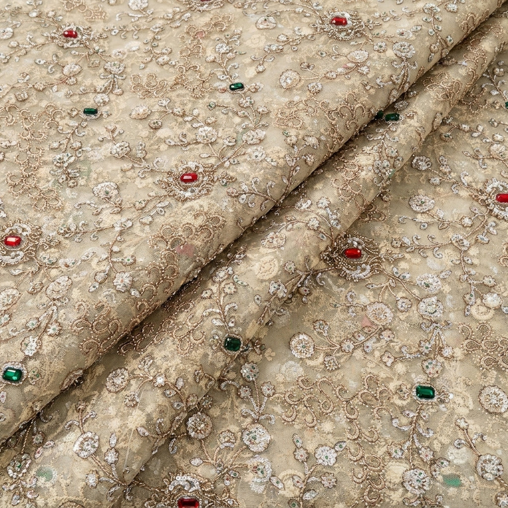 Folded Cream Embroidery Net Fabric