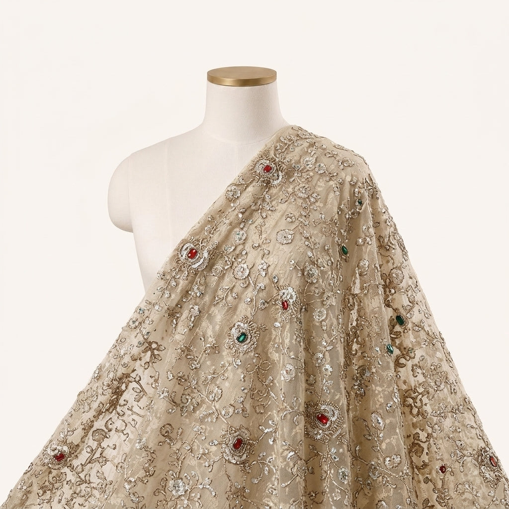 Cream Embroidery Net Fabric Draped as a saree