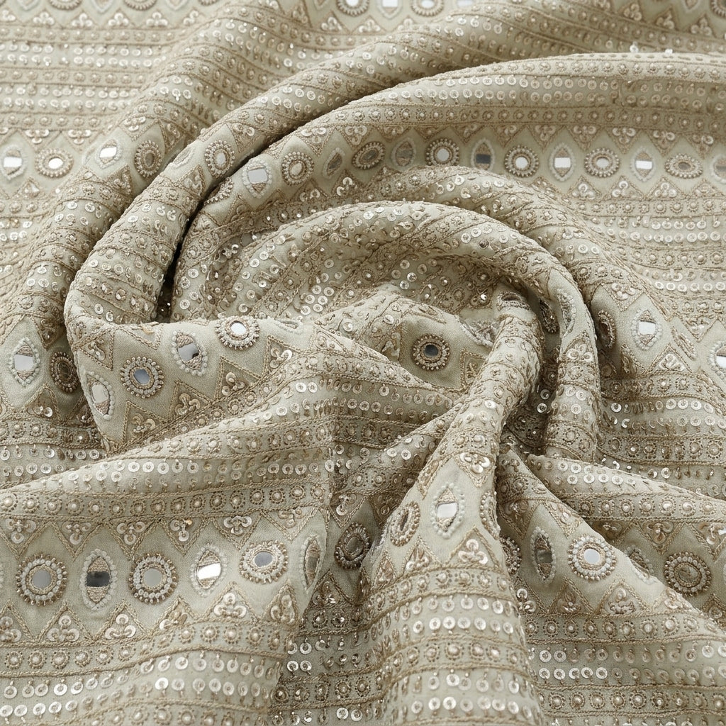 Swirled Cream Embroidery Tissue Fabric Showing Sequin Mirror Work and Drape