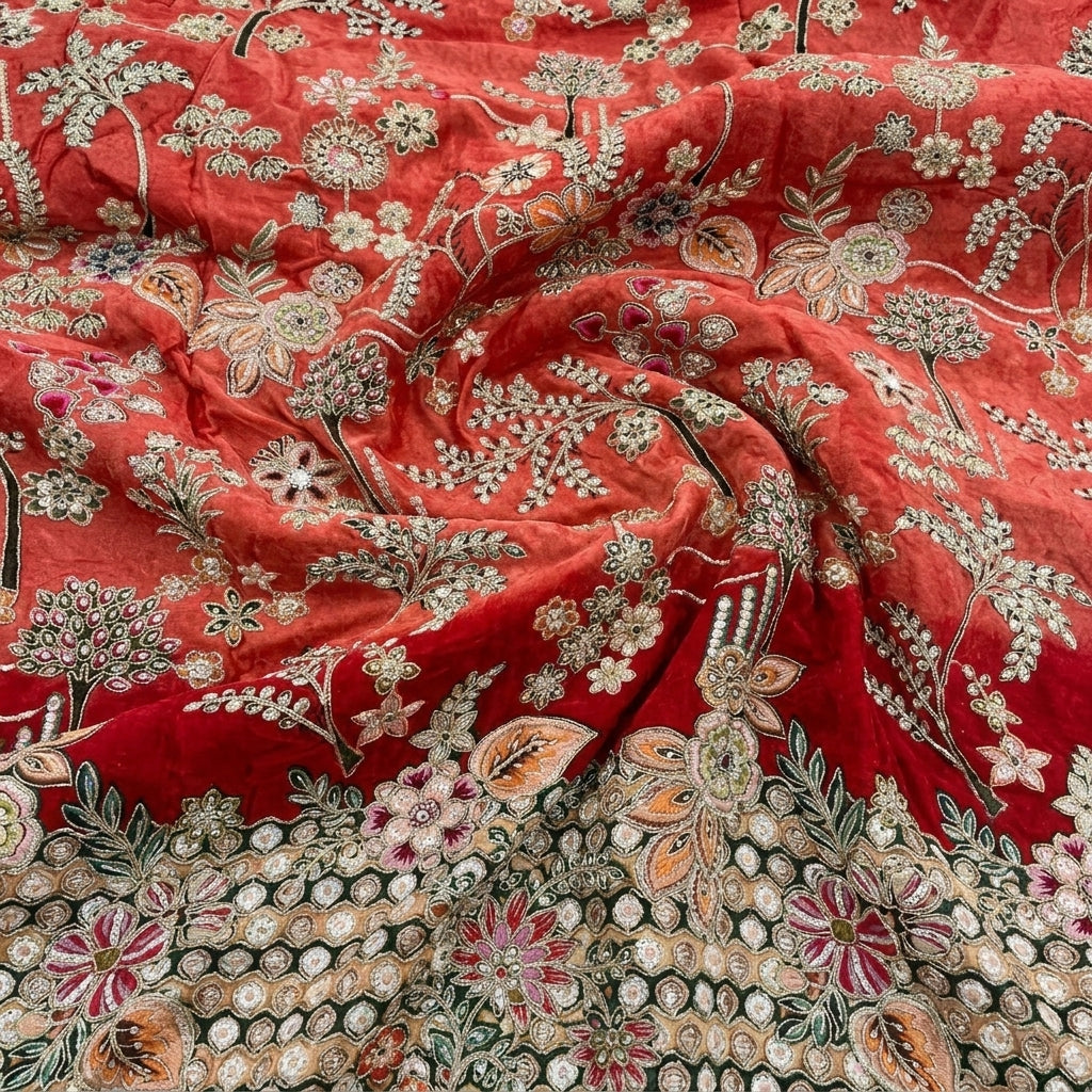 Swirled Red Embroidery Crepe Fabric Showing Thread Work Sequin Floral and Drape