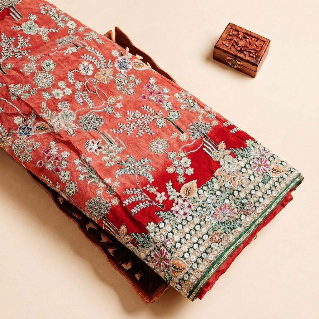 Red Embroidery Crepe Fabric, folded