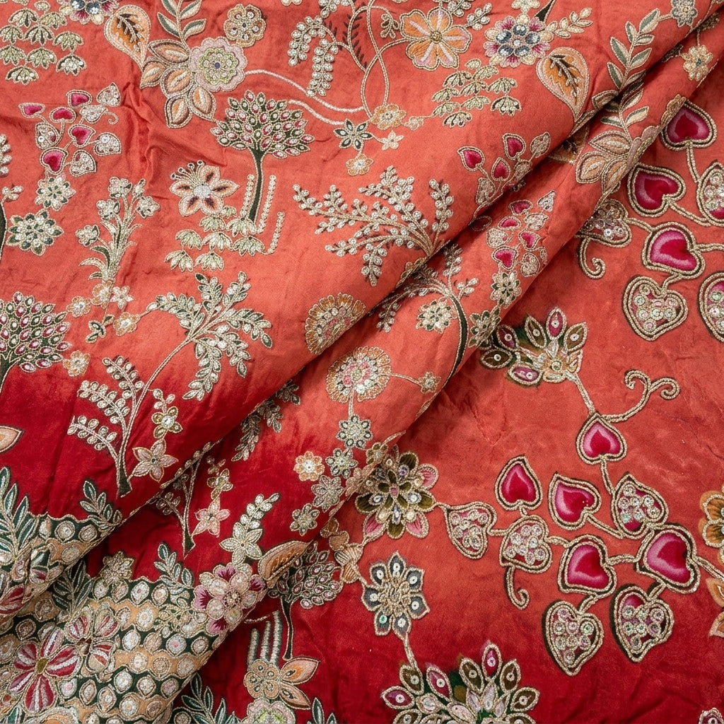 Folded Red Embroidery Crepe Fabric