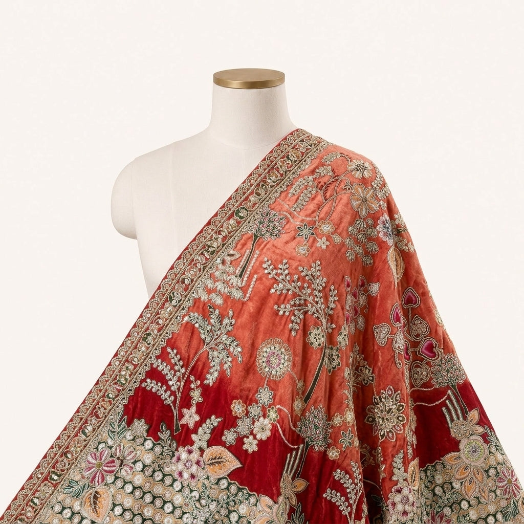 Red Embroidery Crepe Fabric Draped as a saree