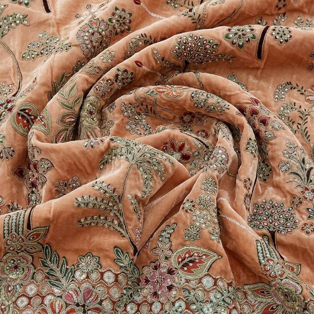 Swirled Peach Embroidery Crepe Fabric Showing Thread Work Sequin Floral and Drape