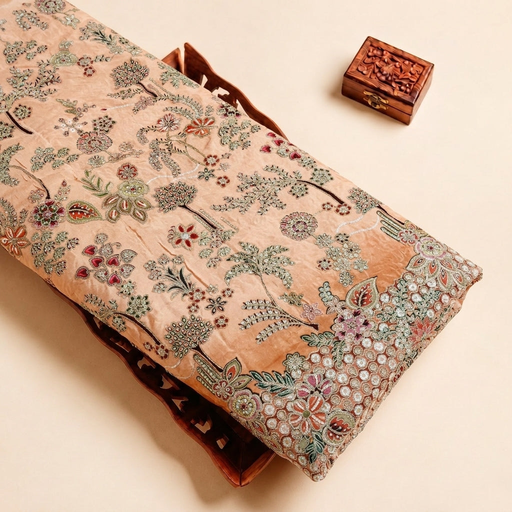 Peach Embroidery Crepe Fabric, folded