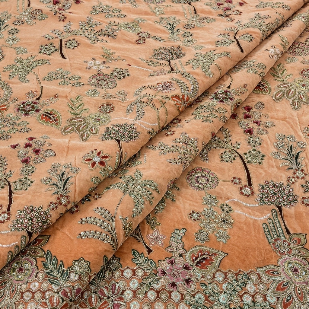 Folded Peach Embroidery Crepe Fabric